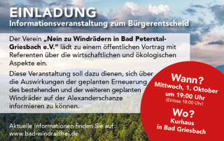Informationsveranstaltung am 1. Oktober 2025 - Nein zu Windrädern in Bad Peterstal- Griesbach e.V.